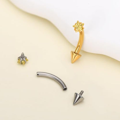 1PC Titanium Rook Piercing Jewelry 16G 8mm, ASTM F136 Curved Barbells Eyebrow Rings, Internally Threaded Screw on - color: Yellow CZ Star-18KGP