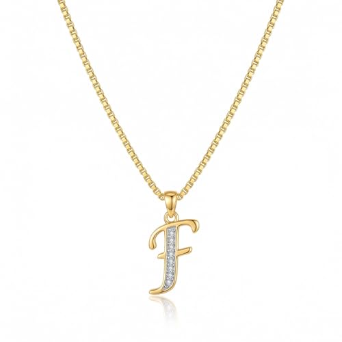 Initial Necklace for Women, 14K Gold Silver Plated Box Chain Letter Pendant, Trendy Name Necklace, Dainty Personalized Charm Jewelry Gift for Her - color: Gold, style: F