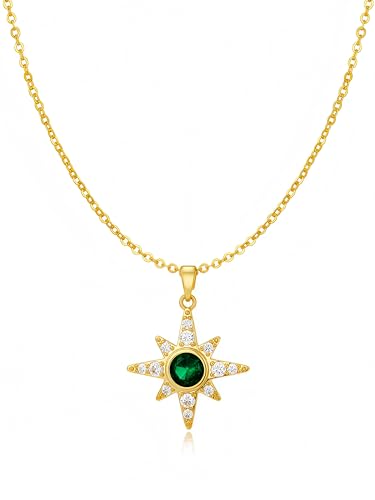 Celestial Star Moon Pendant Necklaces for Women Trendy, 14K Gold Plated Dainty Charm Necklaces with Green Blue Zircon, Gold Pendant Necklace for Wedding & Everyday Wear - style: Eight-Pointed Star Solitaire Necklace