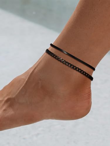 FOCALOOK Anklet Bracelets Set for Women, 14K Gold Plated Layered Anklet Set | Adjustable for Large Ankle, Cuban/Snake/Figaro/Paperclip Chain, Waterproof & Non Tarnish for Everyday Wear, Beach & Summer - color: A:2Pcs-Anklet Set-Black