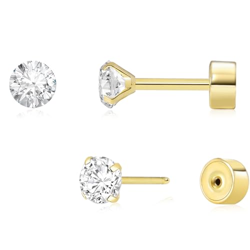 Threadless Flat Back Earrings, Hypoallergenic 14K Real Gold Plated CZ Stud Earrings | Cartilage Earring | Tragus Helix Piercing Jewelry | Push in Flatback Earrings for Women Men - color: 14K Gold, size: 4 Millimeters