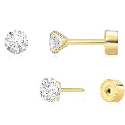 Threadless Flat Back Earrings, Hypoallergenic 14K Real Gold Plated CZ Stud Earrings | Cartilage Earring | Tragus Helix Piercing Jewelry | Push in Flatback Earrings for Women Men - color: 14K Gold, size: 4 Millimeters
