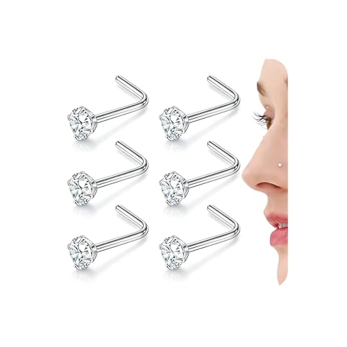 davka 20G L Shape Nose Studs 6PCS, 7mm Bar 3mm CZ Stainless Steel Nose Rings for Nostril Piercing, Small Snug Fit Nose Stud Jewelry for Daily Wear Work Sleep Women Men - color: 20G Silver L-Shape Studs