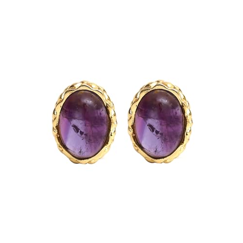 Gempires Bold Oval Gemstone Stud Earrings for Women – Natural Healing Stone Jewelry 14K Gold-Plated Hypoallergenic Tarnish-Resistant – Bold Statement Studs Gift for Her - style: Amethyst