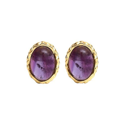Gempires Bold Oval Gemstone Stud Earrings for Women – Natural Healing Stone Jewelry 14K Gold-Plated Hypoallergenic Tarnish-Resistant – Bold Statement Studs Gift for Her - style: Amethyst