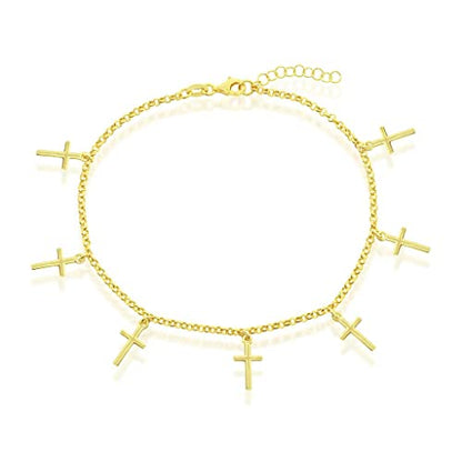 14K Gold Plated Chains – Pave Figaro/Figaro/Cuban/Marina/Franco/Cross/Butterfly/Hearts & Beads/Elephant Charms Rolo 9”/9+1” Anklets – Jewelry for Women or Teens - style: 9+1" Rolo Chain - Cross
