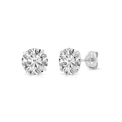 14k White Gold Solitaire Round Cubic Zirconia Stud Earrings with Pushbacks - style: 7mm