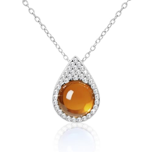 Women Trendy Faux Crystal Pendant Necklace 18K Gold/Silver Plated | CZ Halo Teardrop Drop Pendant Necklace Lightweight Fashion Jewelry Set Stackable For Wedding Daily Wear - color: Amber