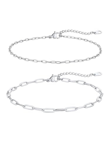 FaithHeart Waterproof Ankle Bracelets for Women, 1/2/3Pcs Non Tarnish Stainless Steel Layered Anklet Set Paperclip Figaro Cuban Link Chain Dainty Summer Beach Jewelry Gift Adjustable Size - style: e.Paperclip 2Pcs - Silver