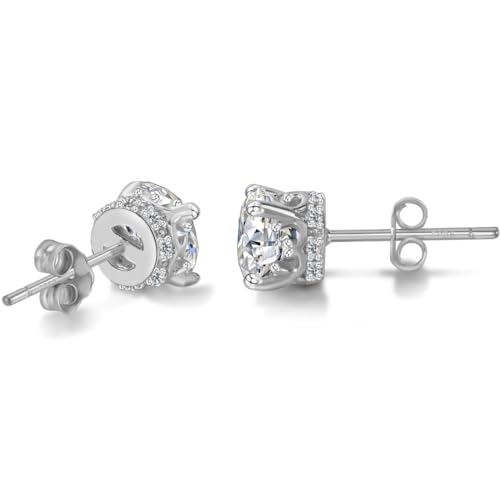 Hypoallergenic Cubic Zirconia Stud Earrings for Women & Men 24K Gold Plated Sterling Silver Post, CZ Simulated Diamond Halo Studs Sensitive Ear Friendly Gift (ED-31) - color: White Gold 01