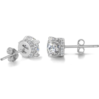 Hypoallergenic Cubic Zirconia Stud Earrings for Women & Men 24K Gold Plated Sterling Silver Post, CZ Simulated Diamond Halo Studs Sensitive Ear Friendly Gift (ED-31) - color: White Gold 01
