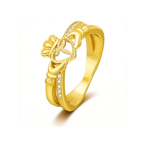 Gold Initial Crown Rings for Women Non Tarnish 14K Gold Plated Vintage Heart Thumb Rings Personalized Carved Anniversary Valentine's Day Gifts - color: Gold-T