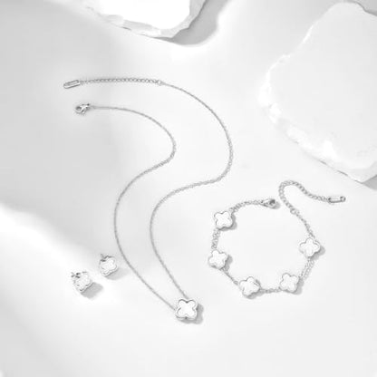 Clover Necklace Bracelet and Stud Earrings Jewelry Sets for Women | 18K Gold Plated Stainless Steel, Black/White Four Leaf Clover set,Christmas Birthday Lucky Gifts for Mom Wife Girlfriend - color: Silver White 3PCS
