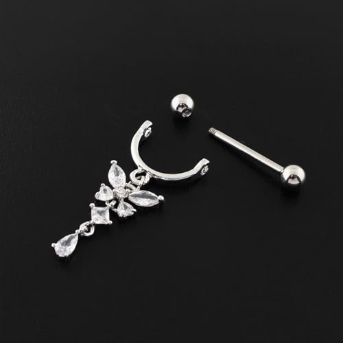 14G Butterfly Dangle Nipple Rings Stainless Steel Clear CZ Nipplerings D-shaped Nipple Barbell Pink White Butterfly Nipple Piercing Jewelry - color: Pink