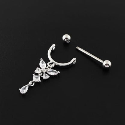 14G Butterfly Dangle Nipple Rings Stainless Steel Clear CZ Nipplerings D-shaped Nipple Barbell Pink White Butterfly Nipple Piercing Jewelry - color: White