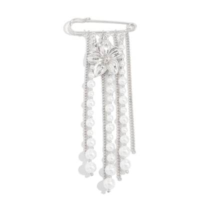 Gold Flower Pearl Tassel Brooch Pin for Women Elegant Pearl Chain Safety Pin Brooch Wedding Party Gift Dainty Elegant Lapel Pins Dress Suit Clothes Accessories - color: Silver