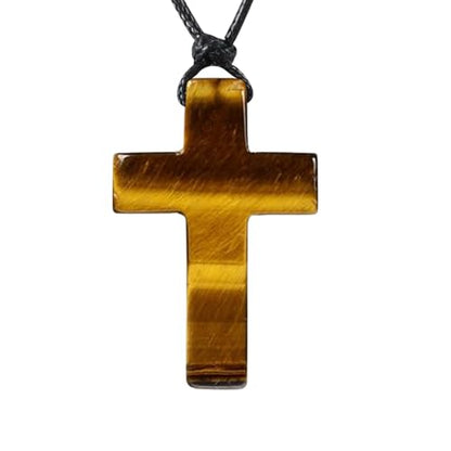 FANASY Natural Gemstone Pendant Necklace for Men Healing Crystal Pendant Adjustable Black Rope Necklace Jewelry Gifts for Women Men - color: X- Cross Tiger's Eye