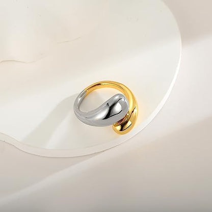 WOWORAMA Chunky Open Rings for Women Gold Silver Adjustable Dome Teardrop Rings Bold Thick Statement Rings Simple Stackable Band Rings - color: Two-Tone Teardrop Ring