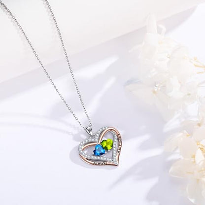 Heart Birthstone Necklace for Women 14K Rose Gold/White Gold Filled Overlapping Double Hearts Pendant Anniversary Valentine's Day Birthday Mother's Day Christmas Gifts for Wife Mom Daughter Her - color: 02-05-Feb-May Birthstone-A, style: Double-Layered Lo
