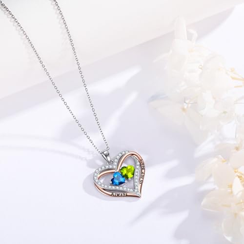Heart Birthstone Necklace for Women 14K Rose Gold/White Gold Filled Overlapping Double Hearts Pendant Anniversary Valentine's Day Birthday Mother's Day Christmas Gifts for Wife Mom Daughter Her - color: 03-06-Mar-Jun Birthstone-A, style: Double-Layered Lo