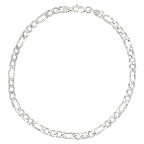 14K Gold or Rhodium Plated Silver Figaro Diamond Cut Pave Chain For Men | 1mm-13mm Thick | Solid 925 Figaro Italian Necklaces For Men - style: 4.50MM- White