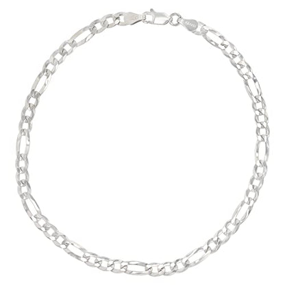 14K Gold or Rhodium Plated Silver Figaro Diamond Cut Pave Chain For Men | 1mm-13mm Thick | Solid 925 Figaro Italian Necklaces For Men - style: 4.50MM- White
