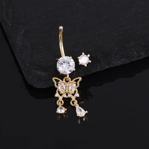 Butterfly Tassel Belly Button Ring 14G Stainless Steel | CZ Crystal Dangle Navel Barbell, Body Piercing Jewelry for Women