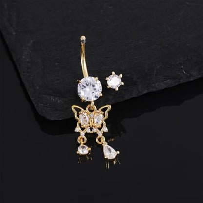 Butterfly Tassel Belly Button Ring 14G Stainless Steel | CZ Crystal Dangle Navel Barbell, Body Piercing Jewelry for Women