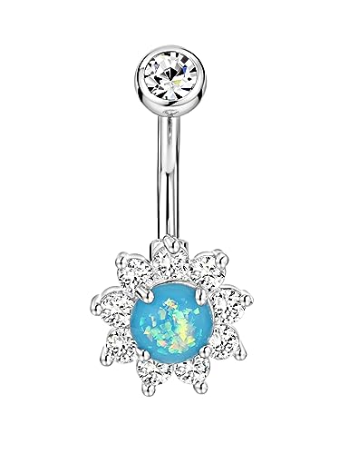 Belly Button Ring Dangle, Cross Belly Button Ring, Navel Piercing | 316L Surgical Steel, AAA+ Cubic Zirconia, Nickel-Free, Hypoallergenic, Multi-Style, 14 Gauge 10 mm Screw On Piercing Stud - style: Blue Opal Sun Flower