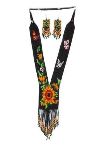 Long Beaded Necklace – Boho Native Handmade Seed Bead Tassel Necklace, Bohemian Large Statement Beaded Necklace for Women - color: Black