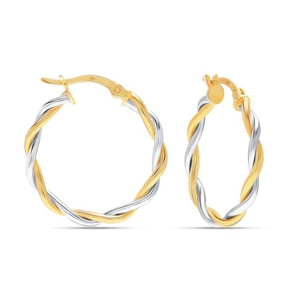 LeCalla Real 925 Sterling Silver Textured Two-Tone Three-Tone 14K Gold Plated Lightweight Italian Design Hoop Earrings for Women Diameter 25,30,40,45,50mm - color: Two-Tone Small-25mm