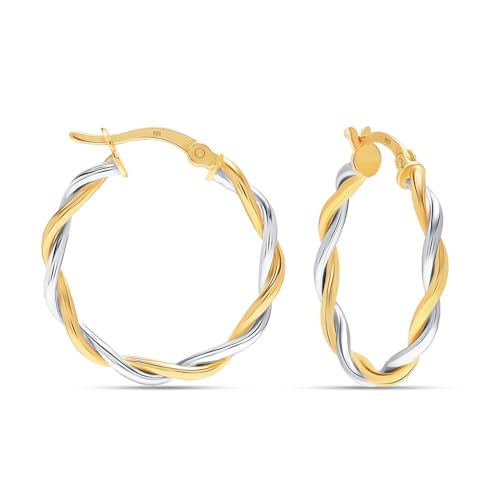 LeCalla Real 925 Sterling Silver Textured Two-Tone Three-Tone 14K Gold Plated Lightweight Italian Design Hoop Earrings for Women Diameter 25,30,40,45,50mm - color: Two-Tone Small-25mm
