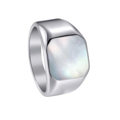 PAURO Men's Stainless Steel Minimalist Square Shell Stone Crystal Signet Ring Plated Glossy Wedding Band - color: Silver