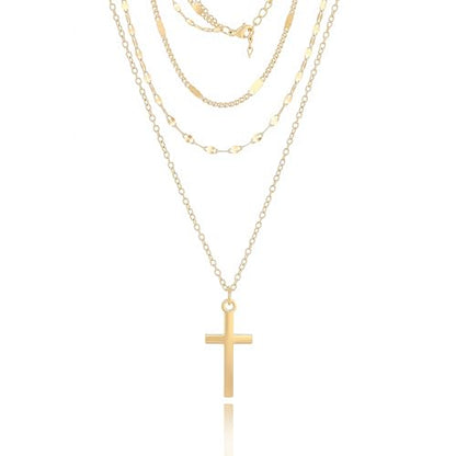 Triple Layered Gold Chain Necklace with Cross, Four Leaf Clover Pendant, Multi-Strand, Religious Jewelry, Gift with a Box - color: Cross