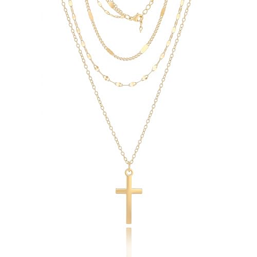 Triple Layered Gold Chain Necklace with Cross, Four Leaf Clover Pendant, Multi-Strand, Religious Jewelry, Gift with a Box - color: Cross
