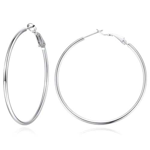 Jewlpire 14K Gold Plated 925 Sterling Sliver Post Hoop Earrings, 2MM Thick Hoop earrings Lightweight Large Hoop Earrings for Women Trendy 20/30/40/50/60/70mm - color: Silver Color, size: 50mm