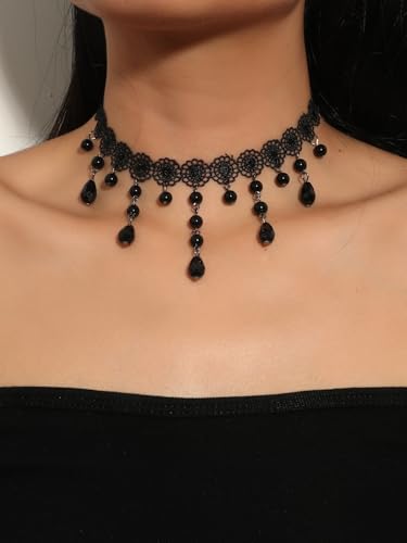 Gothic Necklace for Women Goth Lace Necklace Choker Halloween Witch Accessories Velvet Vampire Jewelry - color: E-Black