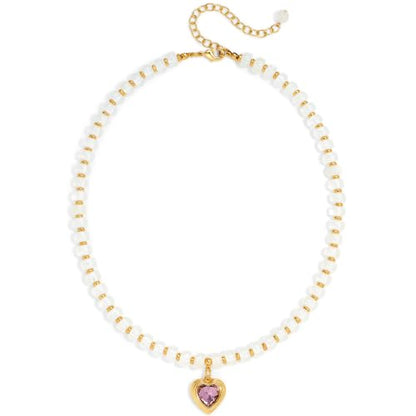 Boho Beaded Choker Necklaces for Women with A Gold Heart CZ - color: White