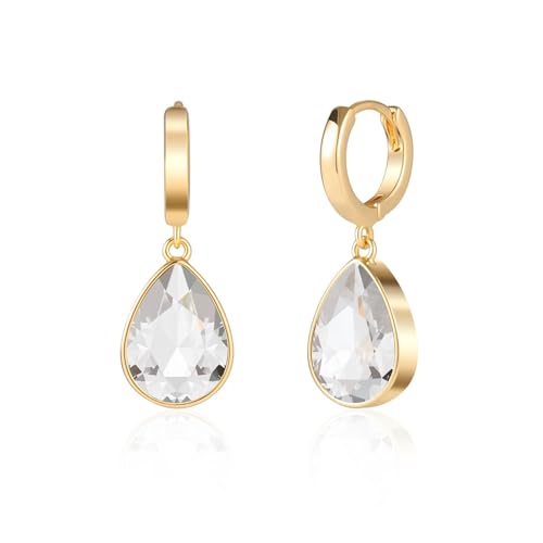 Crystals Teardrop Dangle Drop Earrings, 18K Gold Plated Hoop Earrings Zirconia Jewelry for Women Gifts - color: White