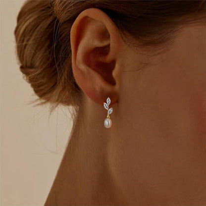 Pearl Earrings for Women:Gold Wedding Dangle Drop Earring Pearl Jewelry | 14K Gold Plated Pearl Drop Earrings for Women,Dainty Wedding Bride Earring Studs,Gold Dangle Drop Earring,Waterproof Jewelry - size: 1 pcs-3