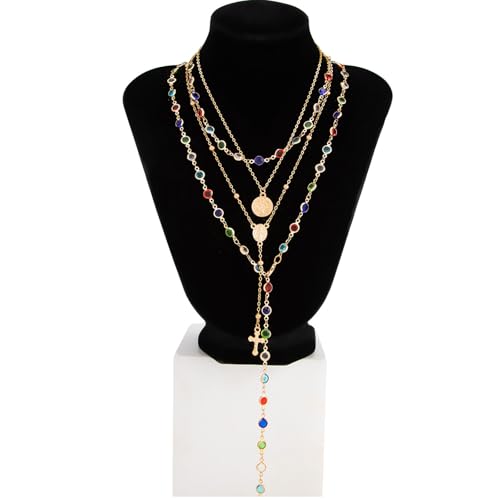 Layered Cross Necklace Set for Women, Layered Choker Necklaces Trendy Jewelry, Colorful Enamel Beaded Y-Shaped Lariat Necklace, Boho Multilayer Cross Necklace for Party and Daily Wear - color: Gold-14