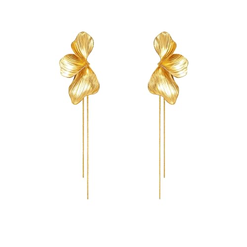 OGD Chunky Gold Statement Earrings For Women Trendy Gold Plated Sectored Flower Leaf Angel Wing Earrings Large Stud Jewlery Hypoallergenic - color: Flower Tassel-Gold
