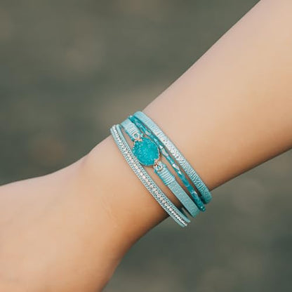 Boho Chunky Leather Wrap Bracelets Stackable Beaded Western Country Jewelry | Crystal Bead Trendy Layered Cuff Magnetic Clasp Stack Bohemian Statement Costume Outfits Cowgirl Fashion Hippie Accessories - color: Teal, size: 7.7"
