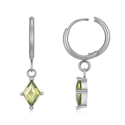 Surgical Steel Hoop Earrings for Women - Hypoallergenic Small Cartilage Huggies with Cubic Zirconia Dangle - color: Olive Green-Stainless Steel