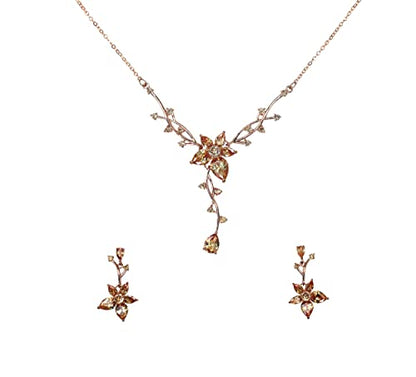 Faship Gorgeous CZ Crystal Floral Necklace Earrings Set - color: Champagne