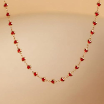 Colorful Necklace for Women,14K Gold Plated Chain With Crystal Necklace Womens Statement Cute Trendy Surfer Beach Choker Necklaces Gifts - color: Red Heart