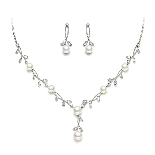 EVER FAITH Cubic Zirconia Pearl Leaf Vine Wedding Jewelry Set for Bride | Crystal Filigree Bridal Necklace Earrings, for Women Bridesmaid - color: 2pcs_Clear Silver-Plated-Brass