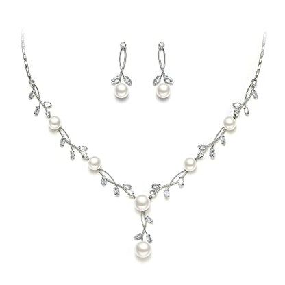 EVER FAITH Cubic Zirconia Pearl Leaf Vine Wedding Jewelry Set for Bride | Crystal Filigree Bridal Necklace Earrings, for Women Bridesmaid - color: 2pcs_Clear Silver-Plated-Brass