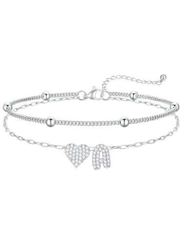 FaithHeart Initial Ankle Bracelets for Women Waterproof, Silver/Black/14k Gold Plated CZ Heart Initial Anklets Non Tarnish Stainless Steel Anklets for Women - color: Silver, size: A