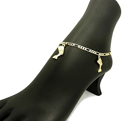 Fashion 21 Women's Cross, Ankh, Queen Nefertiti Piece 10 inches Figaro Chain Anklet Foot Bracelet in Gold Tone - style: 3 Nefertiti Charms/ Figaro